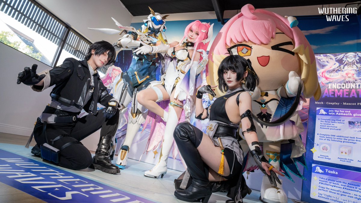 Wuthering_Waves's tweet photo. Ciallo～(∠・ω< )⌒☆
Thank you to everyone who came to the "Encounter Aemeath!" Mech · Cosplay · Mascot Photo Pop-Up Event! We hope you enjoyed the random dancing, snapping photos, and all the fun interactions with Aemeath in her many forms. Let's look back at some unforgettable moments we shared with Aemeath!
#WutheringWaves 
#AemeathPopup