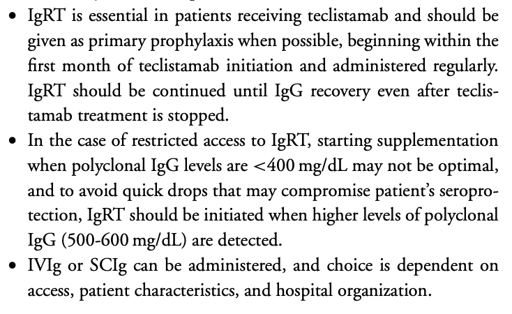 RahulBanerjeeMD's tweet photo. Primary IVIG PPx with BCMA bsAbs in myeloma #MMsm: now in more guidelines!

New CLML expert recs by @paurotero et al. Many nice pearls about SUD &amp; dosing.

Also this 👇🏼 Withholding IVIG based on IgG < 400 mg/dL (4 g/L) is playing with fire, so - if needed - use higher threshold. https://t.co/ErR5WHaG8y