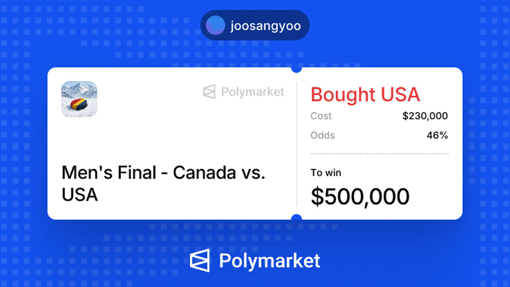 PolymarketSport's tweet photo. Matt Boldy has Team USA up 1-0. 

User joosangyoo will land over $600K if they hang on to win.

Can they take their first gold since 1980? 🇺🇸🇨🇦🥇 https://t.co/valZUAKYwV
