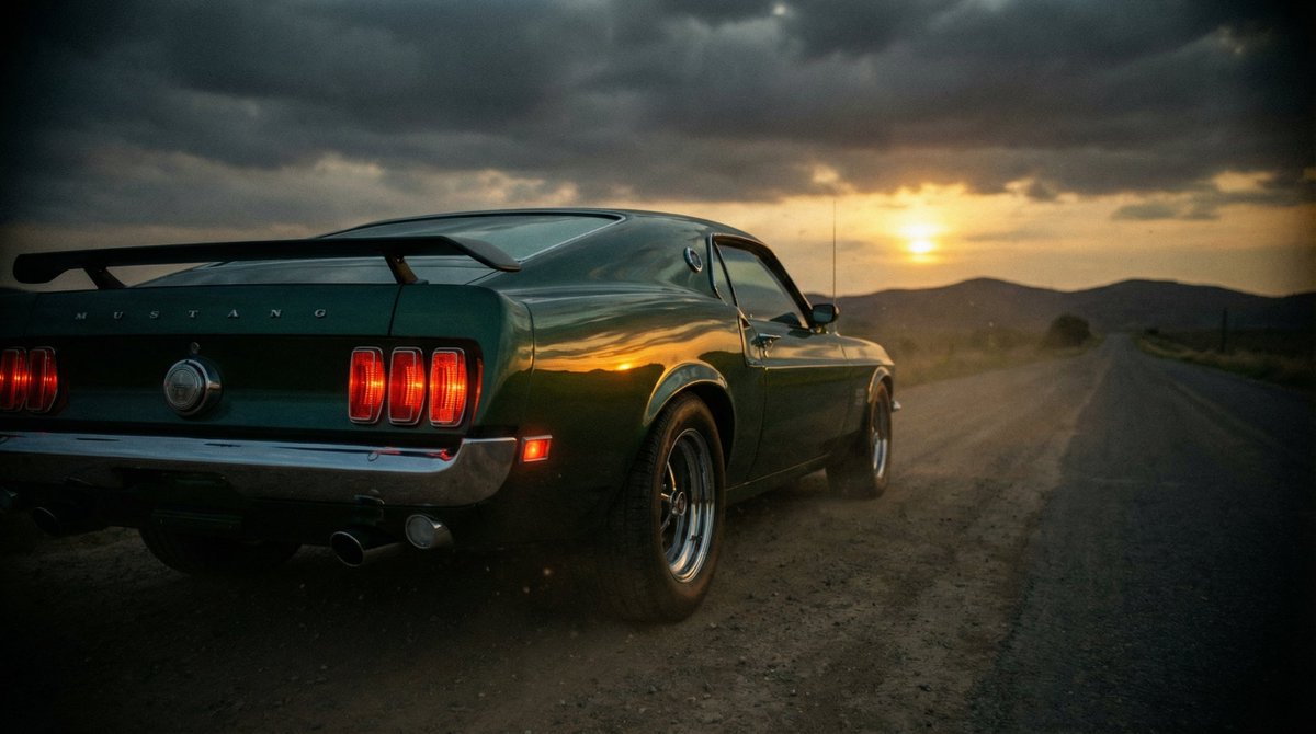 Classic american muscle car, dark 1960s Ford Mustang fastback with aggressive rear spoiler and chrome exhaust tips, shot from low rear three-quarter angle, powerful taillights glowing bright orange, casting warm reflections on glossy dark metalic paint, sunset sky with heavy