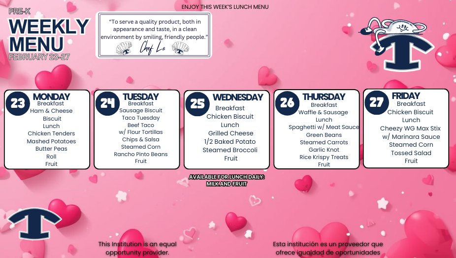 LLES_Tift's tweet photo. 🍳🥪 Weekly Breakfast &amp; Lunch Menus | February 23 – 27 🍕

Our cafeterias are serving up delicious and nutritious meals all week long!

📅 February 23 – February 27

Daily menus are always available anytime by visiting Explore > Dining on your school’s website.

#4theT https://t.co/8lvDuFMW5Z