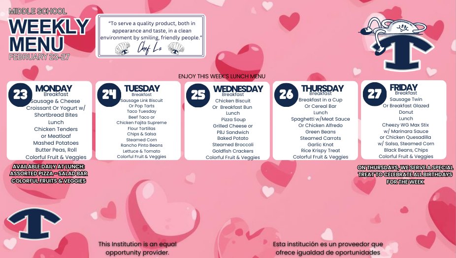LLES_Tift's tweet photo. 🍳🥪 Weekly Breakfast &amp; Lunch Menus | February 23 – 27 🍕

Our cafeterias are serving up delicious and nutritious meals all week long!

📅 February 23 – February 27

Daily menus are always available anytime by visiting Explore > Dining on your school’s website.

#4theT https://t.co/8lvDuFMW5Z