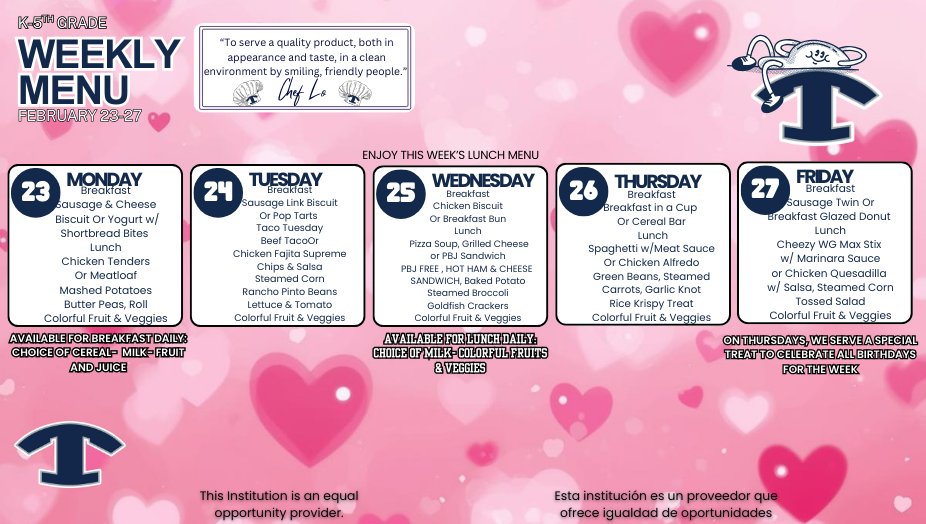 MWES_Tift's tweet photo. 🍳🥪 Weekly Breakfast &amp; Lunch Menus | February 23 – 27 🍕

Our cafeterias are serving up delicious and nutritious meals all week long!

📅 February 23 – February 27

Daily menus are always available anytime by visiting Explore > Dining on your school’s website.

#4theT https://t.co/KrdNjGGvW6