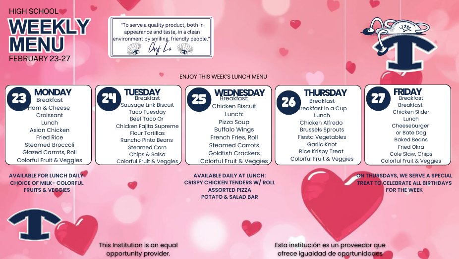 LLES_Tift's tweet photo. 🍳🥪 Weekly Breakfast &amp; Lunch Menus | February 23 – 27 🍕

Our cafeterias are serving up delicious and nutritious meals all week long!

📅 February 23 – February 27

Daily menus are always available anytime by visiting Explore > Dining on your school’s website.

#4theT https://t.co/8lvDuFMW5Z