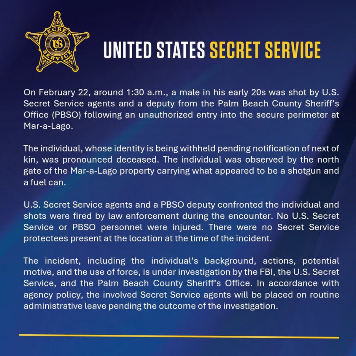 GuntherEagleman's tweet image. 🚨 BREAKING at MAR-A-LAGO: Armed intruder in his early 20s, carrying what looked like a SHOTGUN and a FUEL CAN was taken out by U.S. Secret Service agents and a Palm Beach County deputy around 1:30 a.m.

Dude breached the secure perimeter. Shots fired. He’s deceased. No injuries