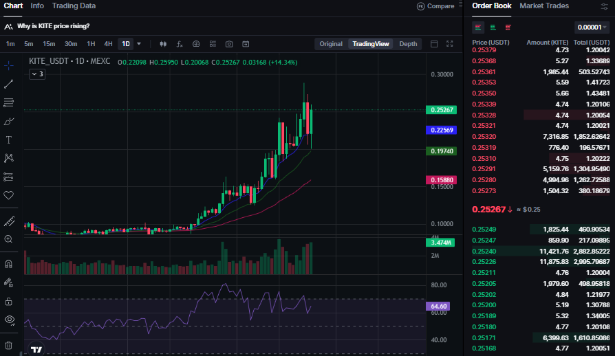 Green Sunday, Bullish on $KITE +27% 🪁 👀

Morning support held perfectly (check below post 👇)
Price is up +27% from the key support level mentioned earlier.
Trend remains bullish on 1D

currently trading at : $0.253+ (+20% from base price)

Levels to watch :
Support : $0.24–