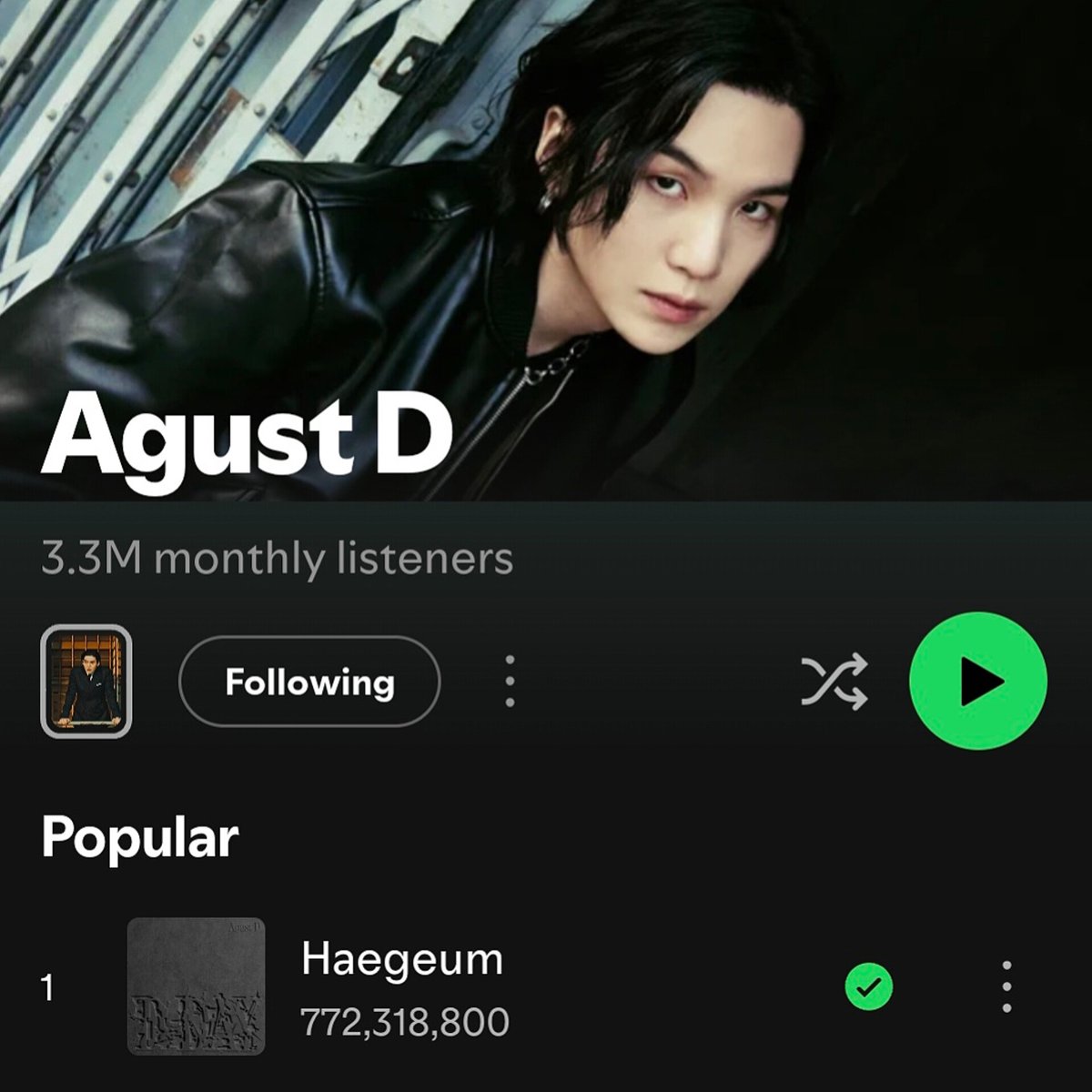 🚨 “HAEGEUM” has dropped below 1M daily in today's update!

02/18 — 1,163,163
02/19 — 1,151,550
02/20 — 1,115,252
02/21 — 994,973 (−120,279) 🔻🆘️🆘️
Total: 772,318,800

Urgently stream focused playlists with multiple spotify accounts❗️

PANIC STREAM HAEGEUM
#HaegeumTo1Billion