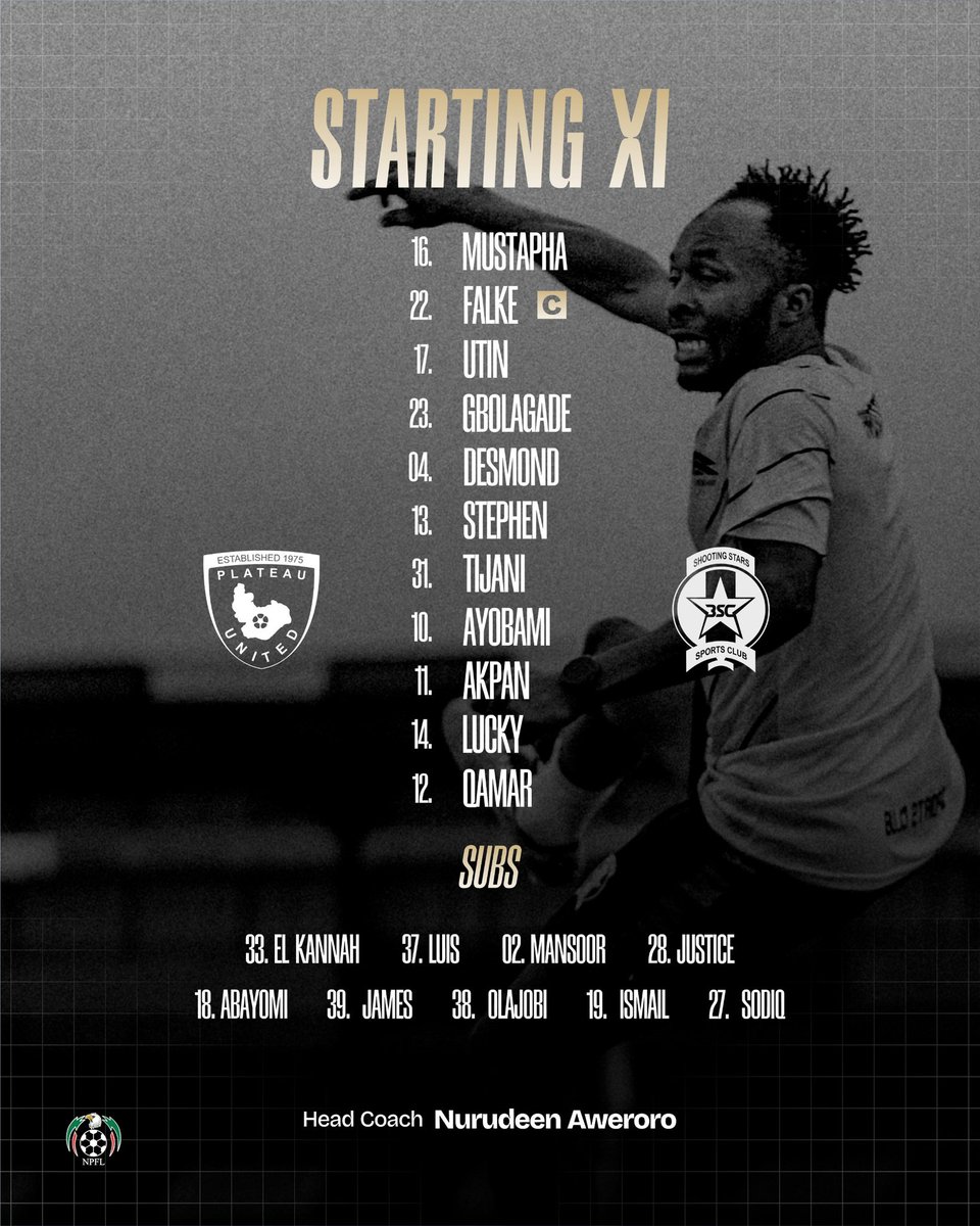 TEAM NEWS 🗞️

Here’s how the Oluyole Warriors line up against Plateau United in Jos today.

🧤 Mustapha starts in goal
©️ Falke leads the side
⚙️ Unchanged midfield pairing
⚡ Akpan back in the fold 

#PLASHO | #NPFL26