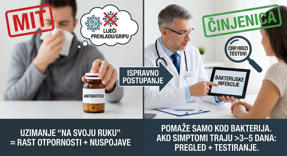 z_srce's tweet photo. MIT vs ČINJENICA: Antibiotici ne liječe prehladu/gripu (viruse). Pomažu samo kod bakterijskih infekcija—uzimanjem “na svoju ruku” raste otpornost i nuspojave. Ako simptomi traju >3–5 dana ili se pogoršavaju: pregled + CRP/brzi testovi. https://t.co/0z0uroUkUF