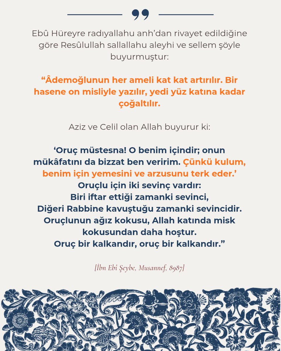 OmerfarukKorkmz's tweet photo. Oruç sabırdır.

"Sabredenlere ecirleri hesapsız olarak tastamam verilecektir." (Zümer, 10) https://t.co/KuL2S0a32H