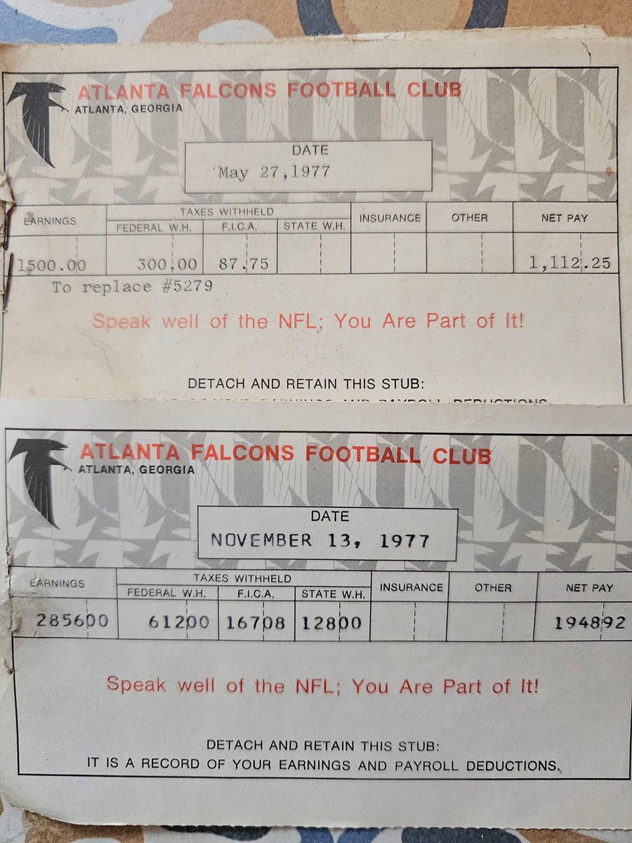 Something fun.  A couple of pay stubs from my time with the Atlanta Falcons in 1977-78! Before the NFL players strike!  Offense guard.