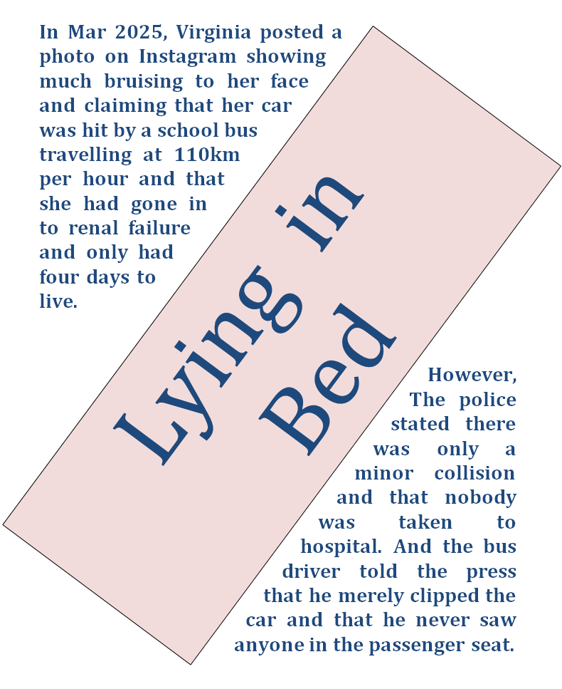 Read of how Virginia Giuffre attempted to destroy the career of an innocent school-bus driver by posting (yet another) fake photo showing her face to be badly bruised, and claiming that the bus had ploughed into her car at 110km per hour, and that she had gone into renal failure