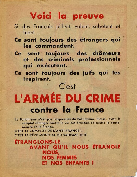 #AuroreBergé utilise la formule " Anti-France" reprise de l'extrême-droite de #Maurras &amp; de Pétain notamment dans ce tract collaborationniste de février 1944, reprenant au recto lʼAffiche rouge &amp; dénonçant ici au verso « Le complot de lʼAnti-France » voir memorial98.org/2024/02/manouc…