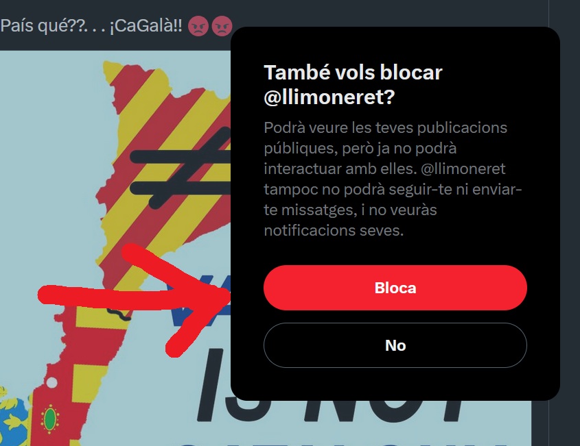 Manual sobre com actuar davant els trolls fatxes a les xarxes socials:
1-No interactuar-hi
2-Eliminar el seu missatge i blocar

En Tuiter cal punxar sobre la resposta del fatxa per a que ens isca l'opció "amaga la resposta".
Amagada la resposta, ens demanarà si volem també blocar