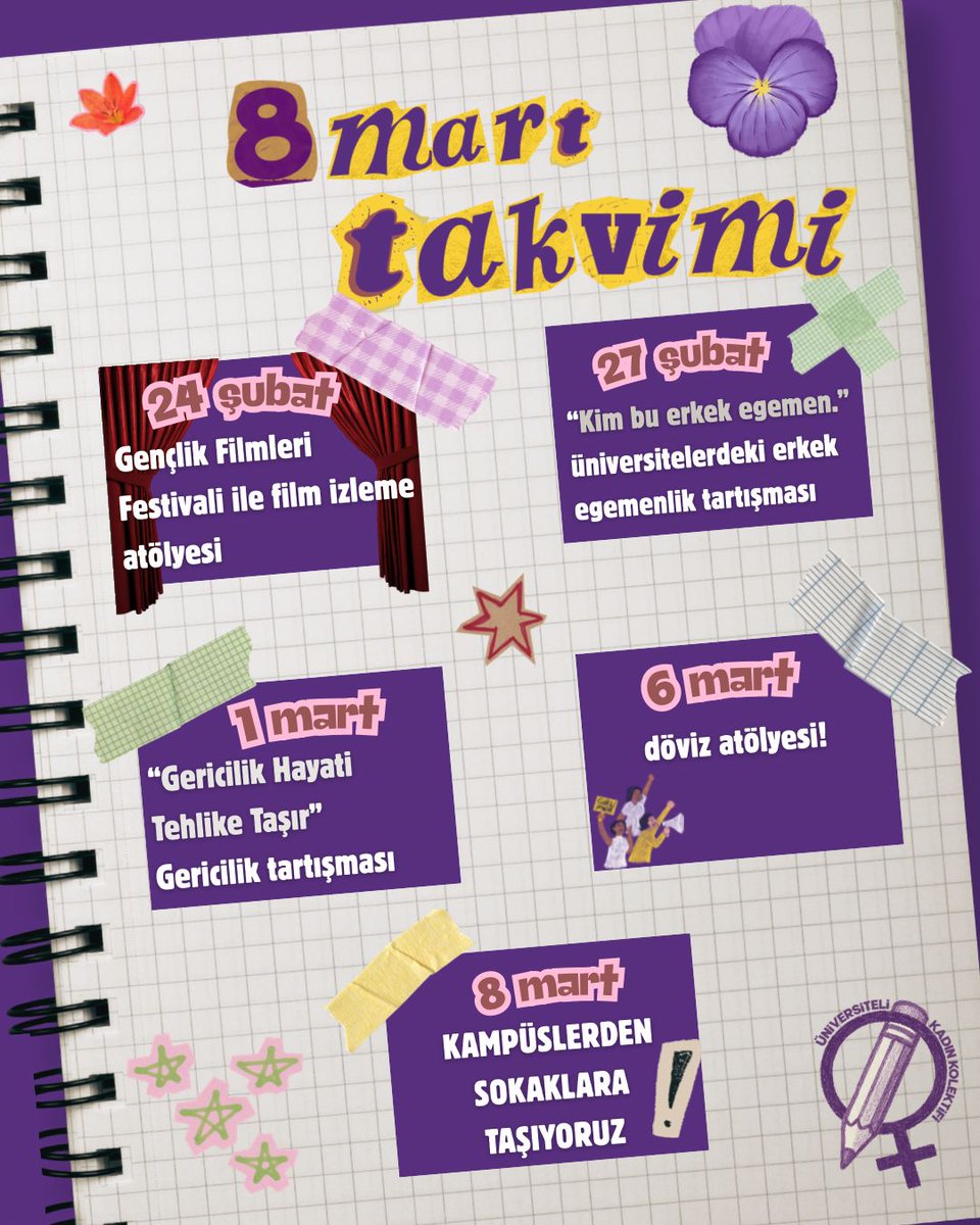 *Güncelleme*

📍İstanbul

8 Mart'a giderken Üniversiteli Kadın Kolektifi takvimi hazır!

Kampüslerden çıkıp gericiliğe karşı meydanları mora boyayacağımız 8 Mart'a çok az kaldı! Formu doldur etkinliklerde buluşalım💜👇
forms.gle/51tQN2v4qsYXPs…