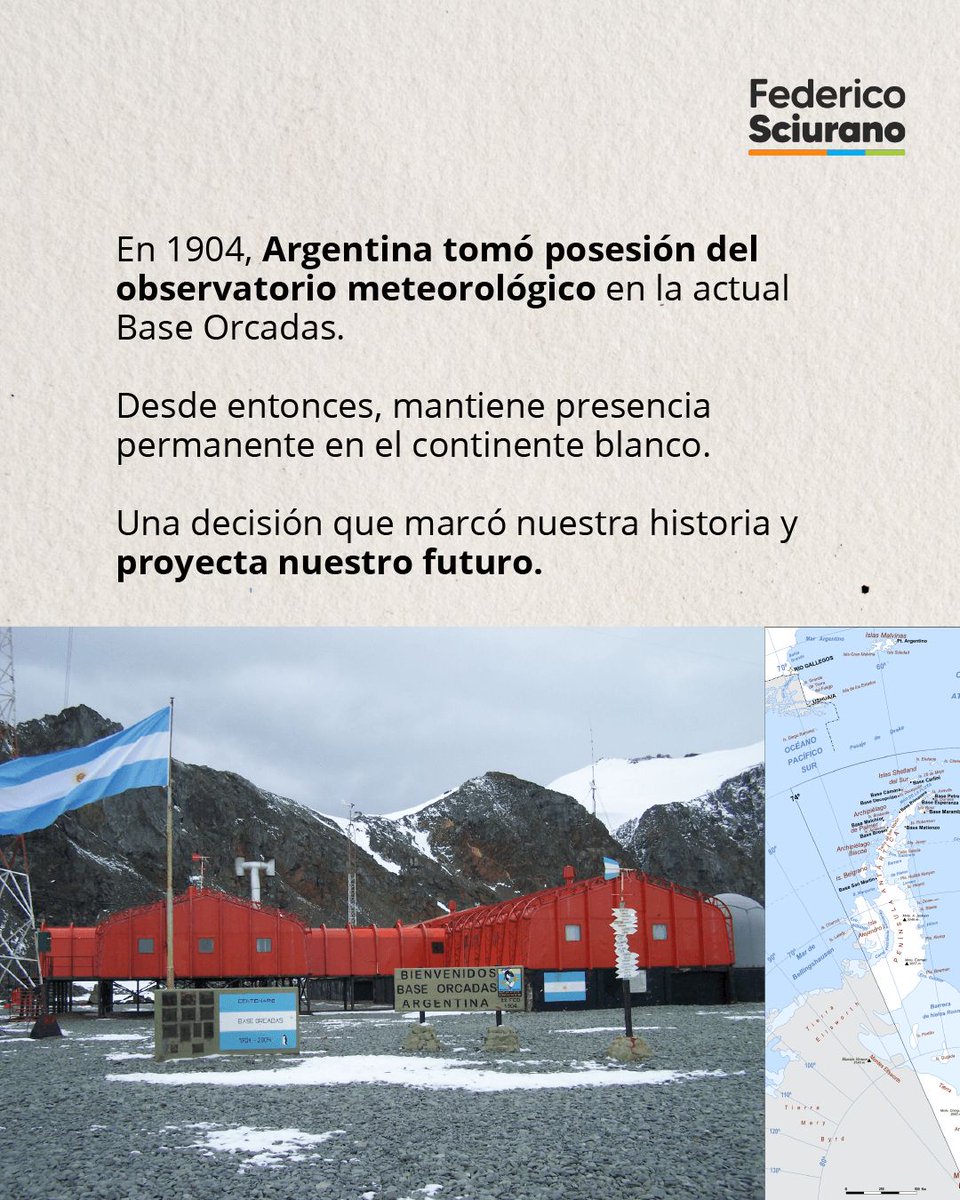 SciuranoFede's tweet photo. 22 de febrero | Día de la Antártida Argentina 🇦🇷
122 años de presencia ininterrumpida.
Celebramos una política de Estado basada en ciencia, cooperación y soberanía.
La Antártida proyecta el futuro estratégico de Tierra del Fuego y del país. https://t.co/Ks1QXpY4kR