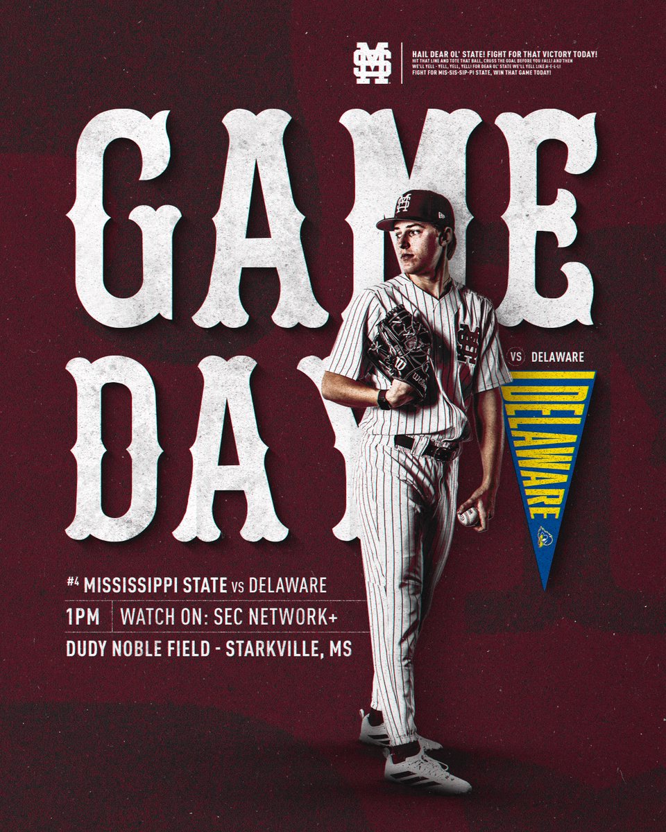 𝗦𝗨𝗡𝗗𝗔𝗬 𝗔𝗧 𝗧𝗛𝗘 𝗗𝗨𝗗𝗘

🆚:  Delaware
🏟️:  Dudy Noble Field
📍:  Starkville, MS
🕐:  1 PM CT
📺:  SEC Network +
💻:  hailst.at/3OV2FwV
📻:  hailst.at/3MCCMBw
📊:  hailst.at/3OEBBSy
🎟️:  hailst.at/3OlOhhj

#HailState