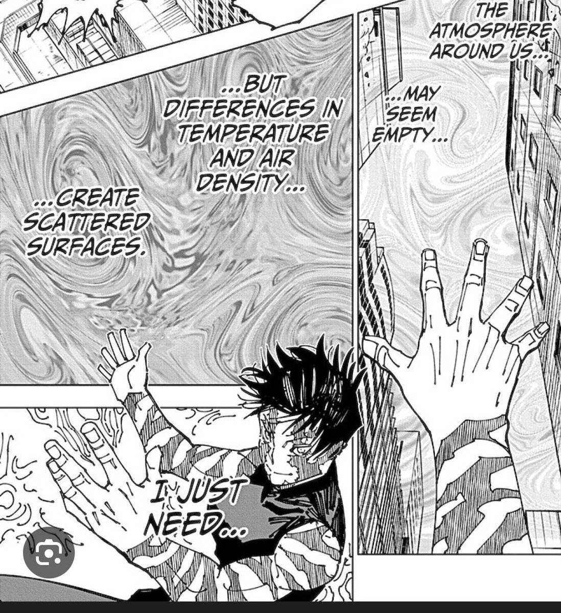 Astrokiid455's tweet photo. @ChaosOMwhen Both Maki and Toji can see curses not through air pockets or strong senses but actually physically see them. It’s after her sumo bouts in a DE where she can see more of the world such as air currents and pressure. https://t.co/wTjIgUbX4o