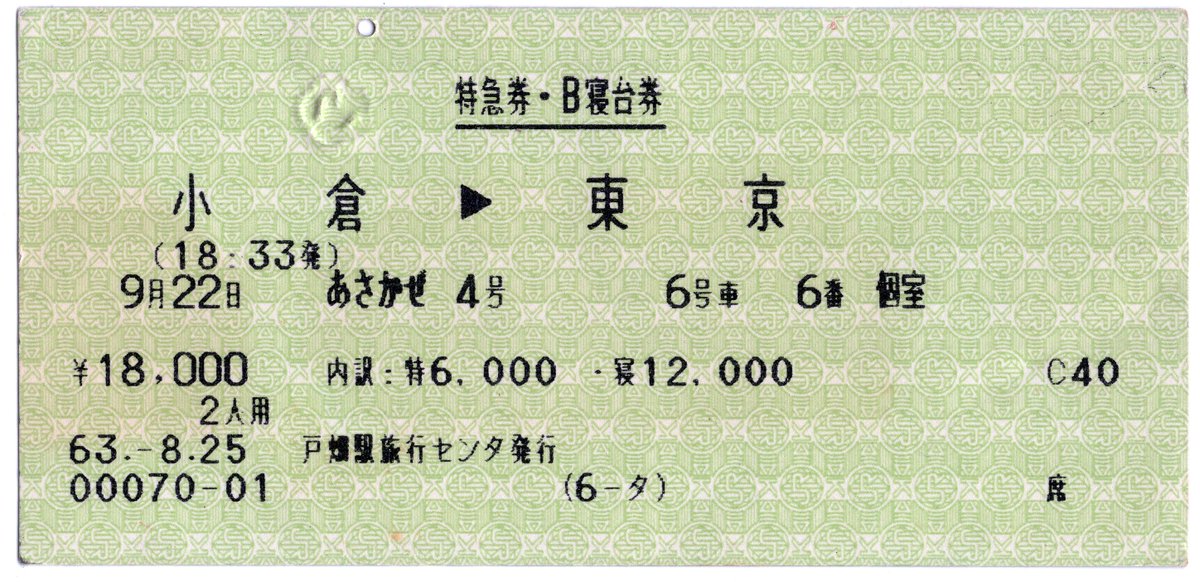 戸畑駅旅行センターM形券 寝台特急あさかぜ4号 特急券・B寝台券