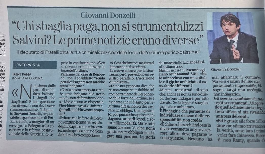 Sugli avvenimenti di Rogoredo e del poliziotto assassino Donzelli dice "non si strumentalizzi". 
Lui. Donzelli. Di fratelli d'italia. Dice di non strumentalizzare. 
Se non fosse ridicolo ci sarebbe da piangere