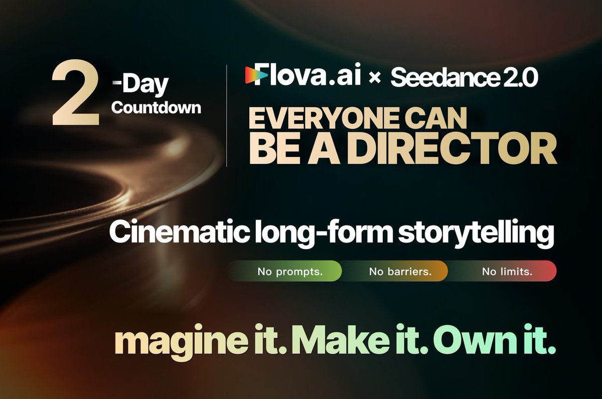 Flovaai_Japan's tweet photo. ๐ฌ 2-Day Countdown
Everyone can be a director.
Cinematic long-form storytelling is here.
No prompts. No barriers. No limits.
Imagine it. Make it. Own it.
#FlovaAI #Seedance #AIFilmmaking #CreateWithoutLimits https://t.co/08Qqd7I9v5