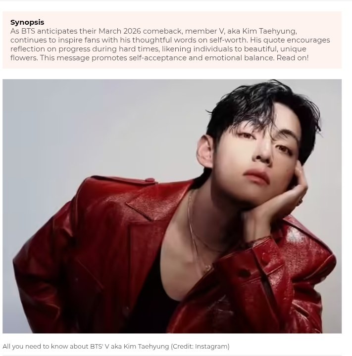 Quote of the day by BTS’ V aka Kim Taehyung: 
‘When things get hard, stop for a while and look back and see how far you’ve come…’ from ECONOMIC TIMES

Over the years, Taehyung has shared several thoughts that have resonated deeply with fans. One of his most cherished quotes
