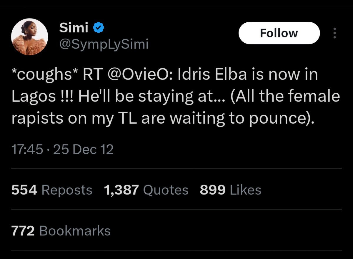 guzu_p's tweet image. "All men are rapists."

Whereas Simi has been the creep and pervert sexualizing J Cole, a man who doesn't know her for than a decade, sexually molesting and kissing small boys, and professing her desire to gather a group of female rapists to gang up to rape Idris Elba.

All this