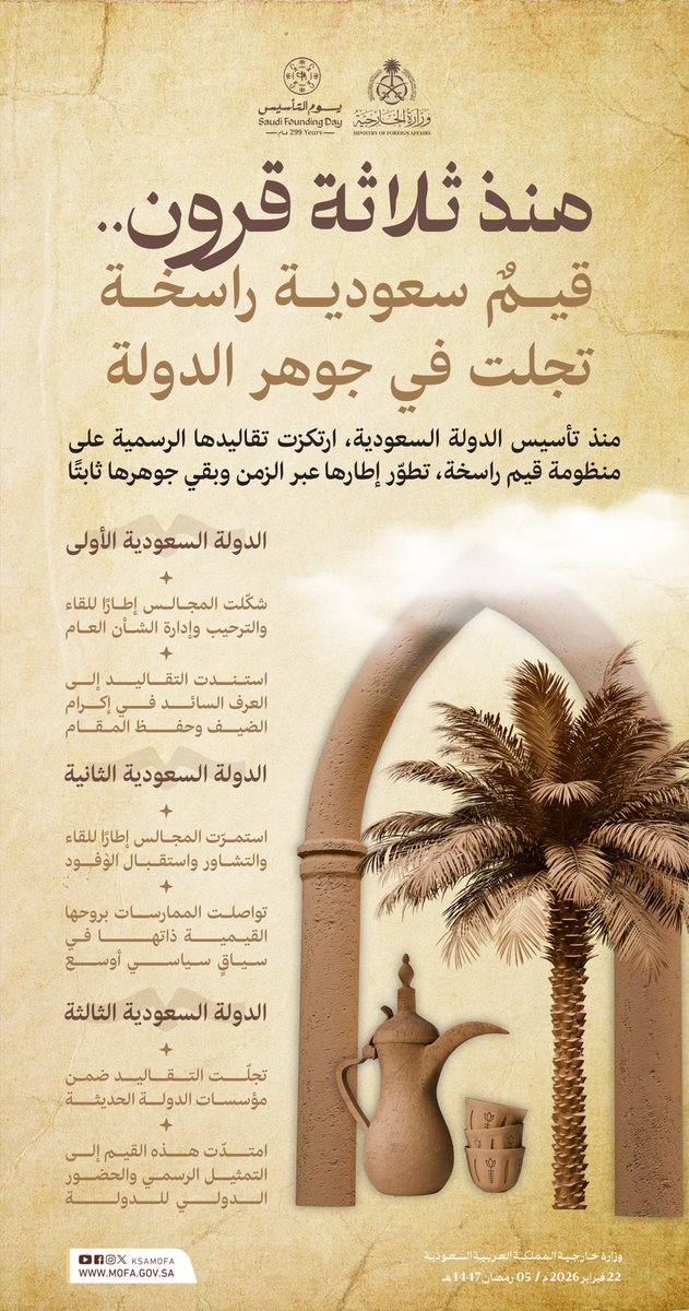 منذ #ثلاثة_قرون.. قيمٌ سعودية راسخة تجلّت في جوهر الدولة

#يوم_التأسيس 🇸🇦