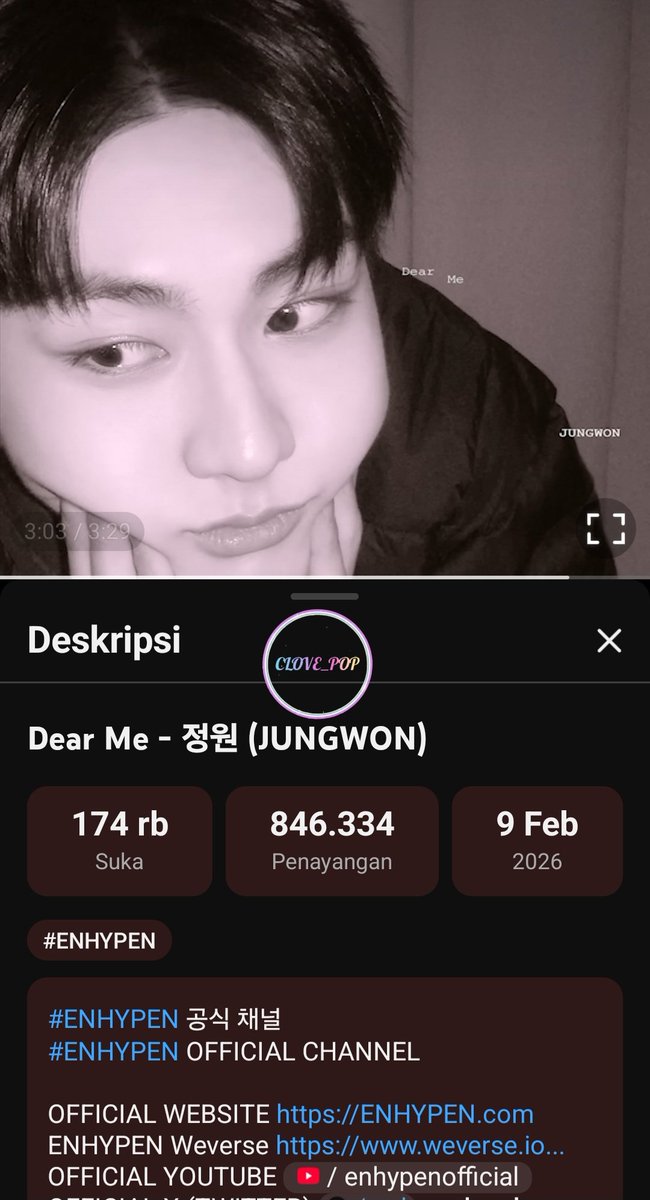🎧 STREAMING PROOF “Dear Me” – Day 7/10
Ikut challenge 10 hari full 
By : clove_pop <a href="/Clovena69/">~♡ Clove_Pop ♡~</a>
With <a href="/yangjungwon_ina/">ENHYPEN JUNGWON INA 🇮🇩</a>
#DearMe #StreamingParty #JUNGWON 

youtu.be/9uDVag6HP8g?si…