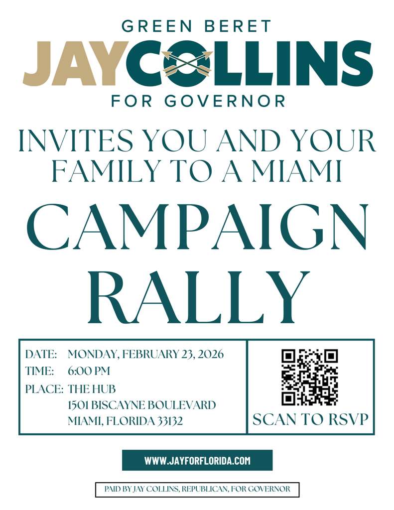 GOPMiami's tweet photo. @MiamiDadeGOP Who’s attending the Jay Collins Campaign Rally on Monday, February 23, 2026, at 6:00 PM at The Hub, 1501 Biscayne Boulevard, Miami, FL 33132? https://t.co/0melderBao