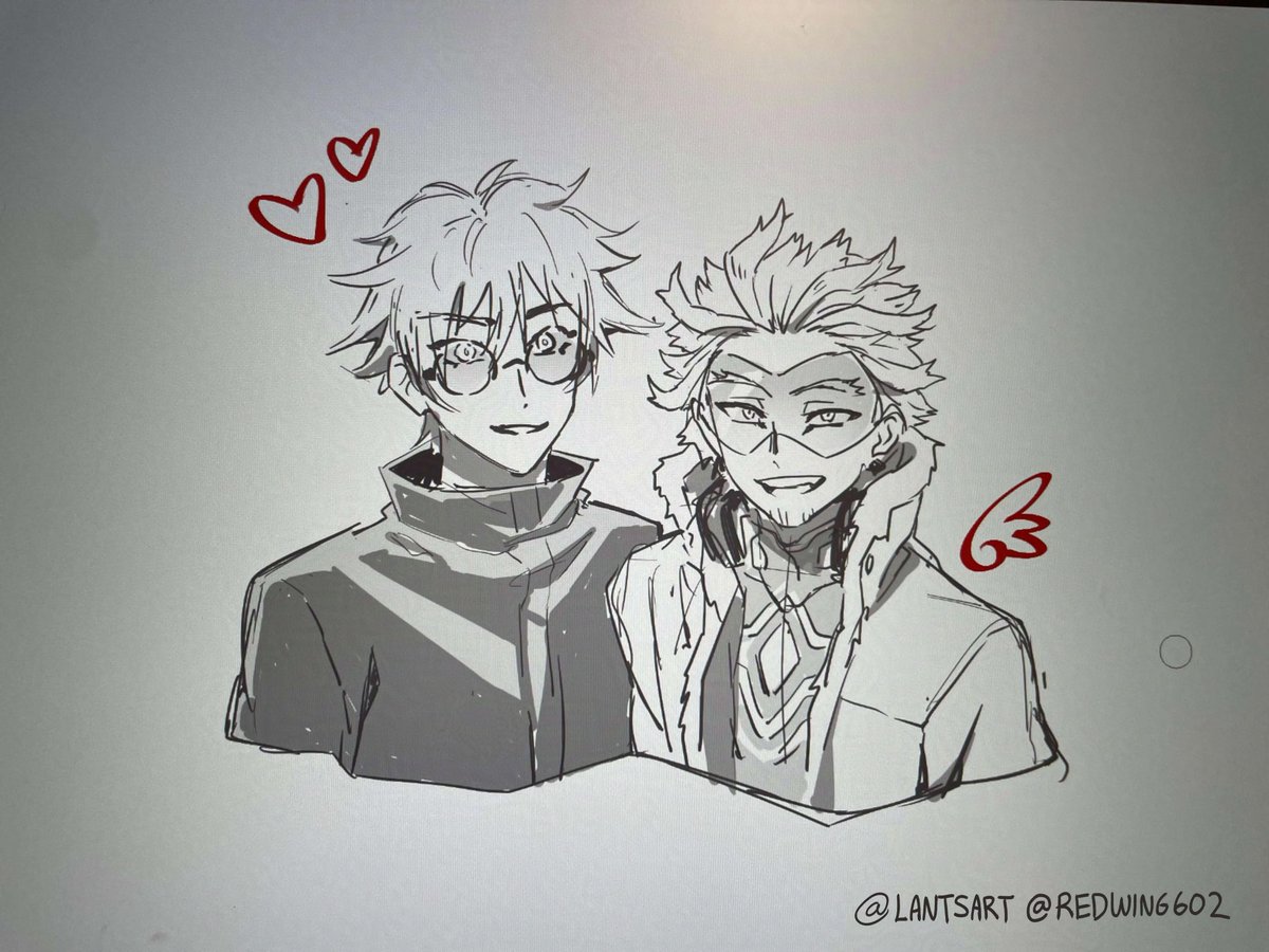 yes this is gojo x hawks, yes it's from a fantastic fic called "May Death Never Stop You" by <a href="/slexenskee/">slex</a> . I'm glad you asked!! Yes, I love gojo from this fic, and specifically this fic, thank you for askinnngggg.

I drew Gojo, <a href="/redwing602/">▇▇▇▇▇▇</a> drew Hawks 🙏