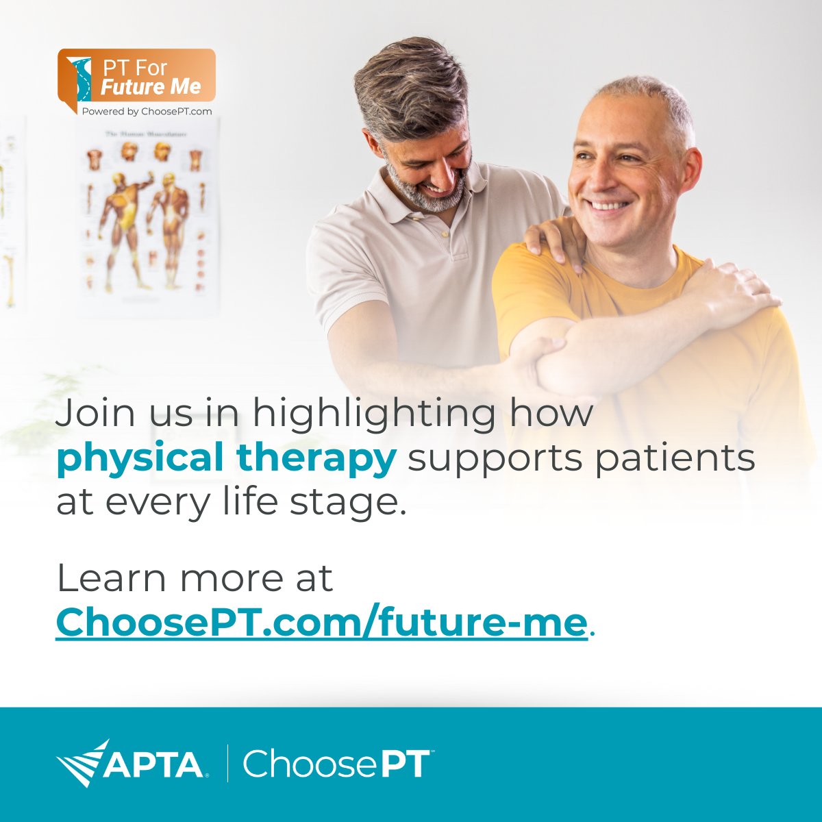 APTA_official's tweet image. 🌟 Our new #PTforFutureMe campaign is all about highlighting how physical therapy isn't just for recovery, it's a powerful tool for lifelong health.

Download the toolkit to get ready-to-use resources for spreading consumer awareness: apta.org/national-physi…

#ChoosePT @Choose_PT