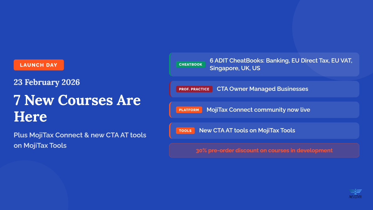 MojitaxTraining's tweet photo. 🚀 Launch day! 7 new courses live — 6 ADIT CheatBooks + CTA OMB Professional Practice. MojiTax Connect community is here. 30% pre-order discount available.

https://t.co/jgaafFRuC4

#ADIT #CTA #TaxTraining https://t.co/om3bZGT9nQ