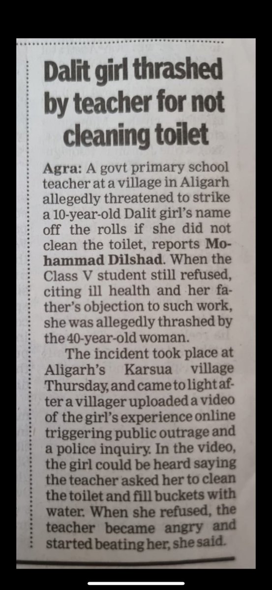 In India, atrocities against Dalits continue unchecked. A 10-year-old Dalit girl thrashed by her teacher  for refusing to clean school toilet. 
This isn't isolated—NCRB reports 57,789 crimes against Scheduled Castes in 2023, a grim reality where a crime occurs every 18