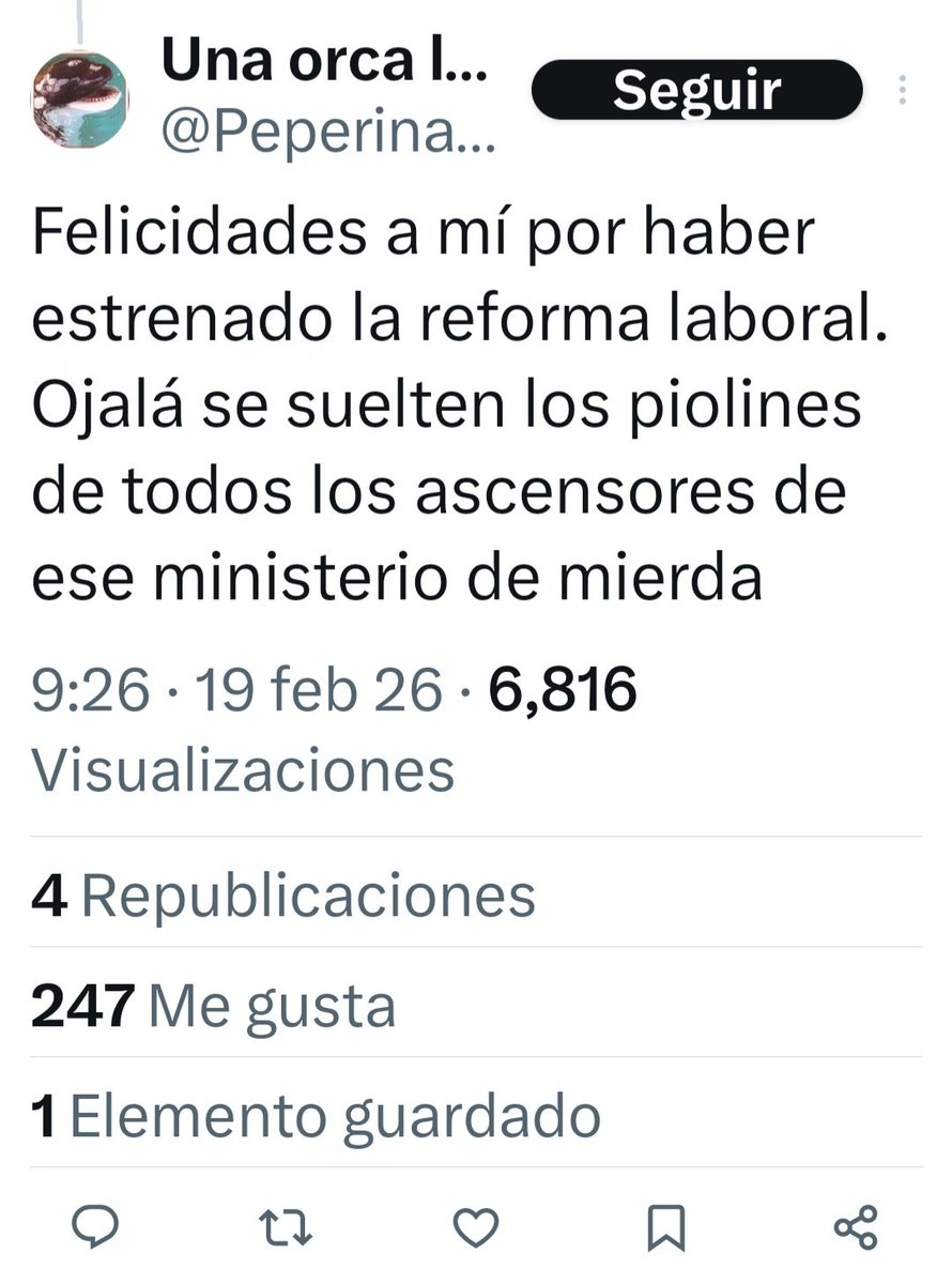 A ésto se le llama realismo mágico. La reforma laboral todavía no es ley, ni fue promulgada, ni está vigente. Pero lo que le pasó a <a href="/PeperinaBel/">Una orca llamada Belén</a>, según ella, es culpa de la reforma laboral.
Pequeño detalle: pasó bajo la legislación que ella misma defiende.