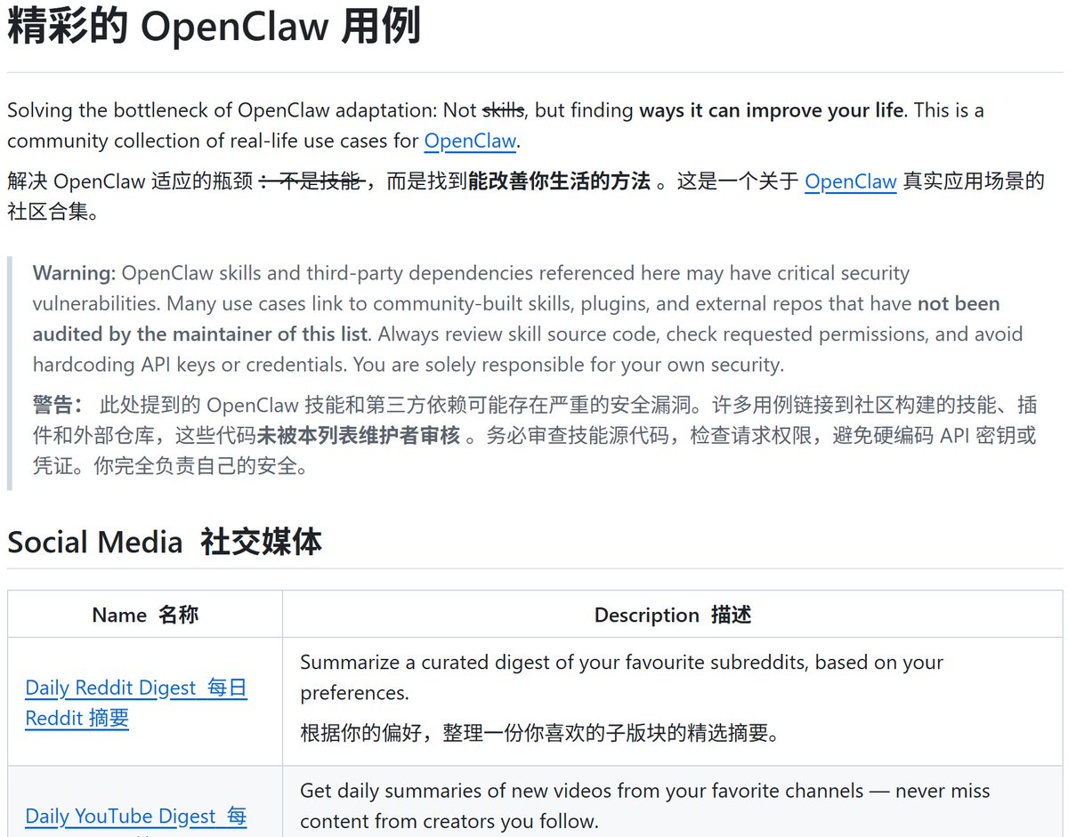 别再问 OpenClaw 能用来干什么了

发现一个 OpenClaw 开源的案例集合，收集了 30 多个使用场景。

从自媒体内容创作、处理文件到日常办公都有。

很多需要重复做的事，很多都可以交给它。

部署只是第一步，后面怎么用才是关键。

地址见评论区👇