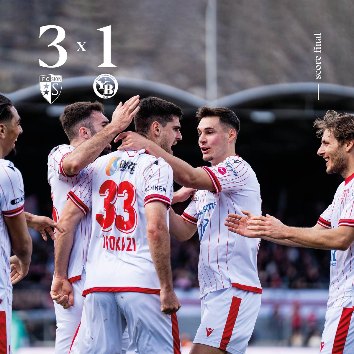 𝙑𝙞𝙘𝙩𝙤𝙞𝙧𝙚 🥳

Dans un match animé, le 𝗙𝗖 𝗦𝗶𝗼𝗻 s’impose 3-1 face à 𝗬𝗕 et signe sa deuxième victoire de suite à Tourbillon !

Rendez-vous dès samedi pour le derby face à Servette.

🗣 𝗔𝗹𝗹𝗲𝘇 𝗦𝗶𝗼𝗻 🔴⚪️

#Ensemble #Toujours