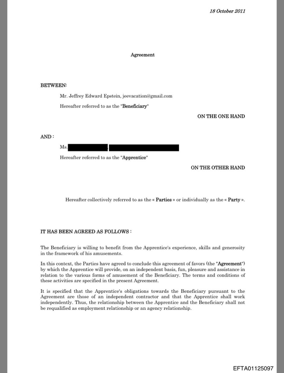 Furbeti's tweet image. Epstein formalized sexual services and the recruitment of other women through a written “apprenticeship” contract, framing the arrangement as independent contracting under French law.