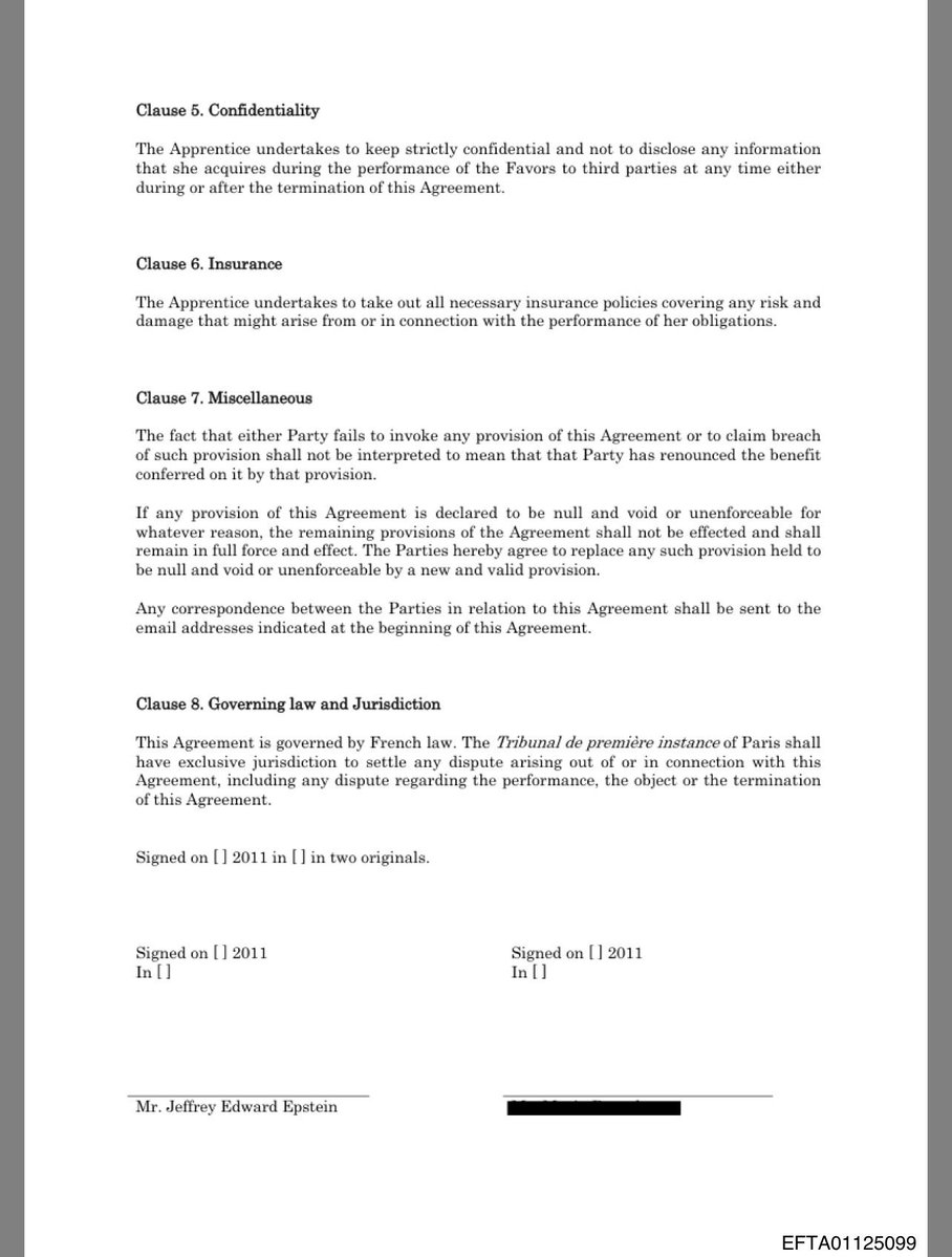 Furbeti's tweet image. Epstein formalized sexual services and the recruitment of other women through a written “apprenticeship” contract, framing the arrangement as independent contracting under French law.