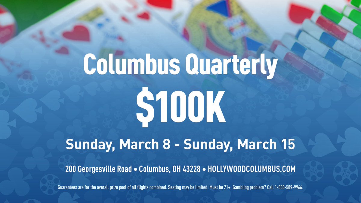 HollywoodCbus's tweet photo. 🚨ATTN POKER PLAYERS! WE'RE GIVING AWAY 3 SEATS TO THE COLUMBUS QUARTERLY $100K GTD MAIN EVENT ♦️

🗓️: March 13 - 15
☘️: Columbus Quarterly
💰: $100K GTD Main Event
🙌🏼: Each seat is valued at $350

To Enter:
1️⃣ Follow us &amp; @Hollywood_Poker on X
2️⃣ Like this post
🏆 RT https://t.co/DR5NSmiY4j