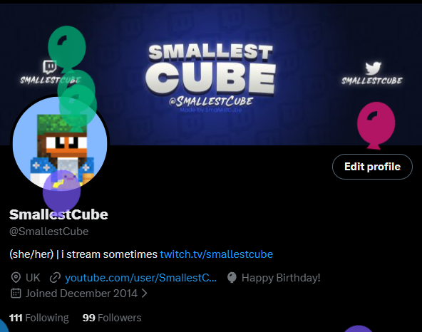 SmallestCube's tweet photo. Why thank you, twitter. 💕 I forgot you get cute lil balloons! Happy Birthday to meeee! 💃🏻🪩

#happybirthday #balloonday https://t.co/ExHOQoHPug