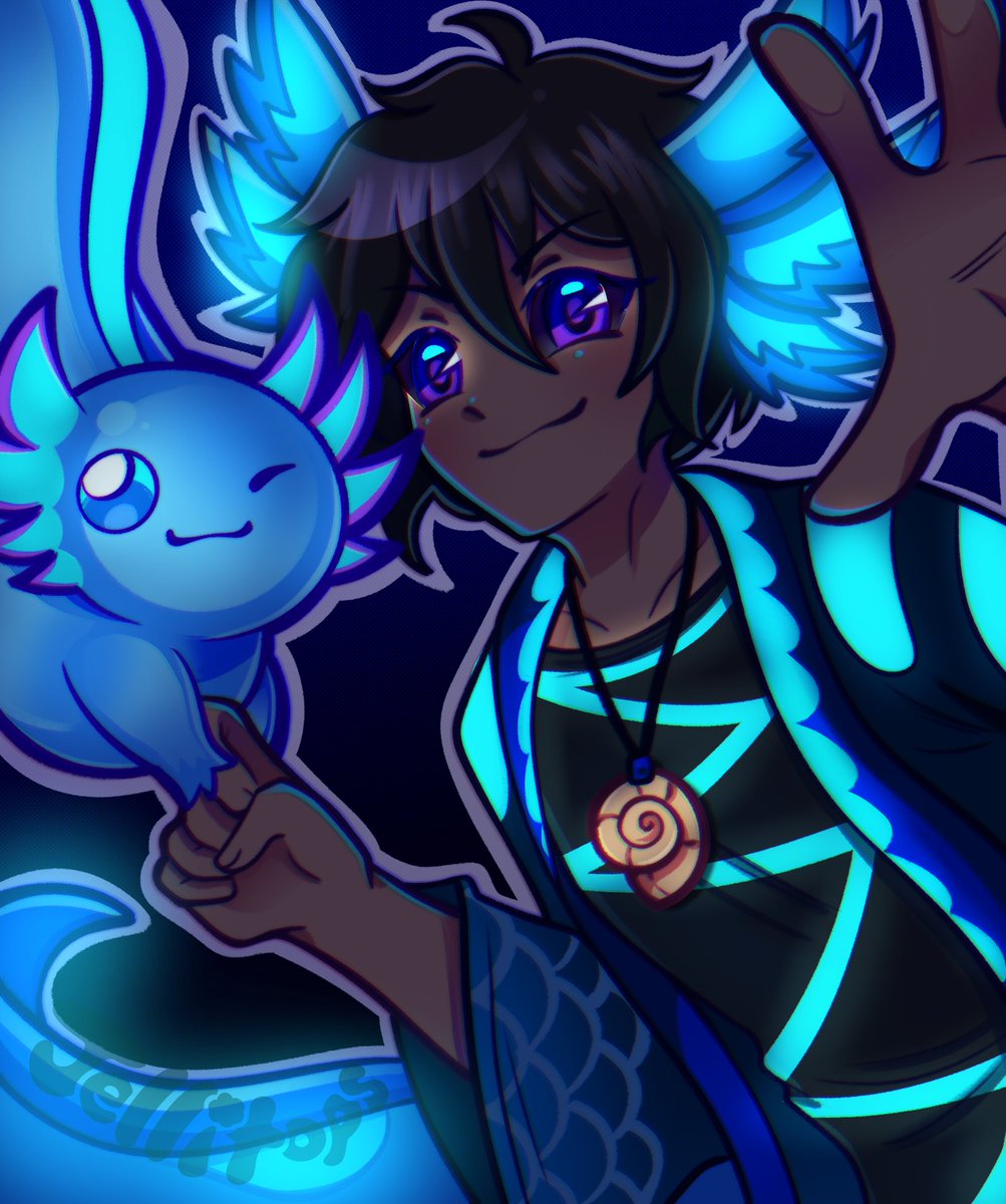 Jellitops's tweet photo. Fanart for @Mythic_Aqua ! Slight flash warning on the GIF. Axolotls are cool and your glowy design is even cooler! I couldnβt decide which version to draw so I did both lol! I hope you enjoy. π₯Ή #AzureArt #fanart https://t.co/k6SnTkgers