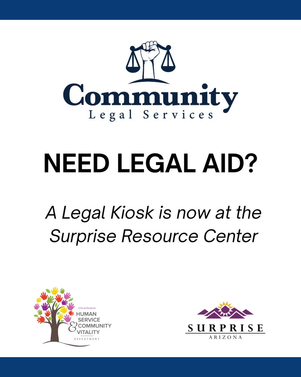 SurpriseCares's tweet image. 📢 Surprise Resource Center is one of just 8 locations in Arizona to host a self-service legal kiosk, thanks to a partnership with Community Legal Services. Access civil legal info, forms, resources, and more.

Read more: bit.ly/4kymgNE
#SurpriseAZ #LegalHelp