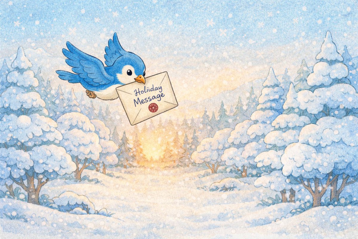og_soloway's tweet photo. Blu the Bluebird flying through snowy treetops of Camp Haven, delivering my holiday message to my fellow campers. Frosty branches below, warm letter in her beak, trust carried safely across the forest. @DataHaven_xyz https://t.co/PdC1uvcyvl