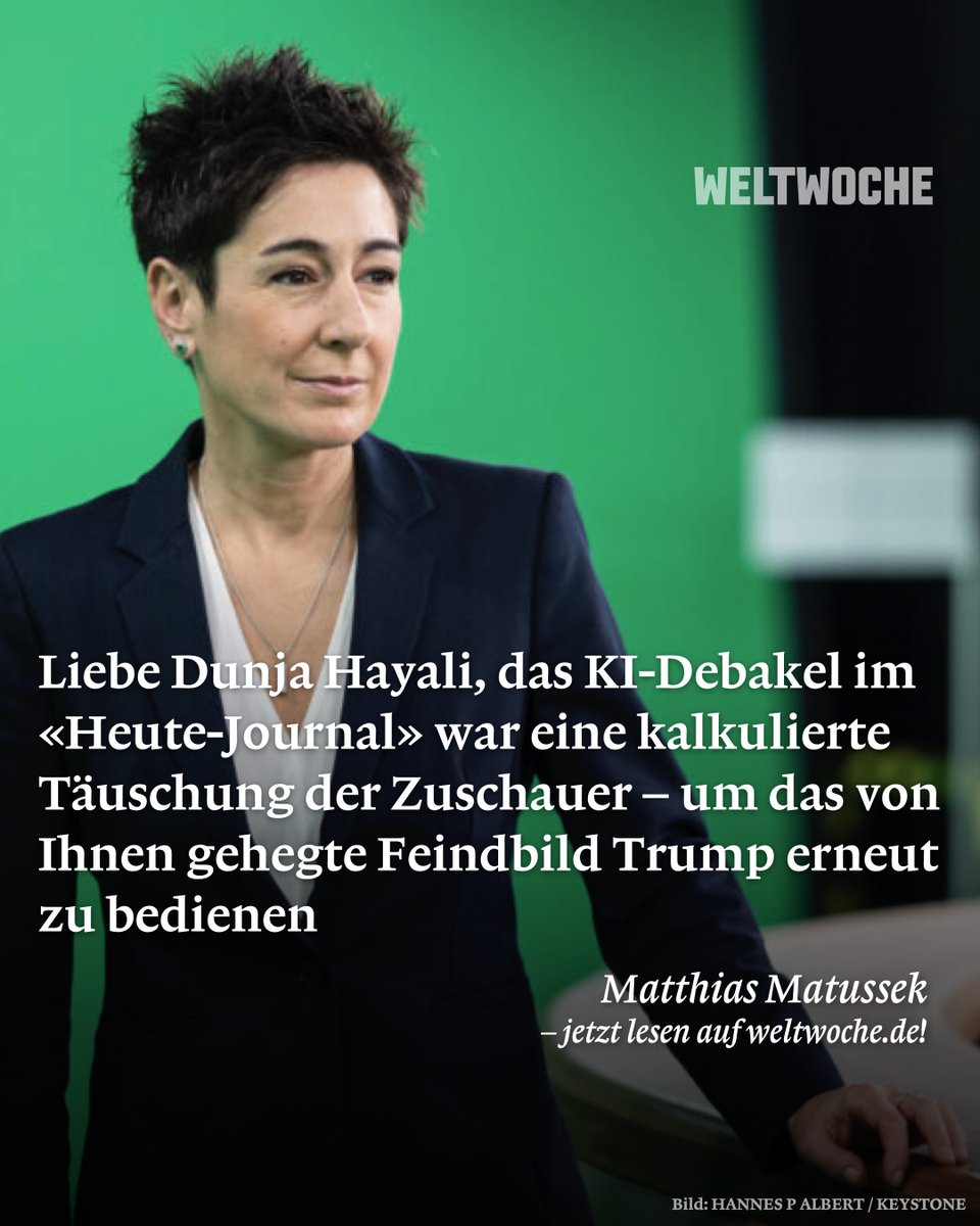 Liebe Dunja Hayali, das KI-Debakel im «Heute-Journal» war eine kalkulierte Täuschung der Zuschauer – um das von Ihnen gehegte Feindbild Trump erneut zu bedienen
🔗 Jetzt lesen: weltwoche.de/daily/liebe-du…