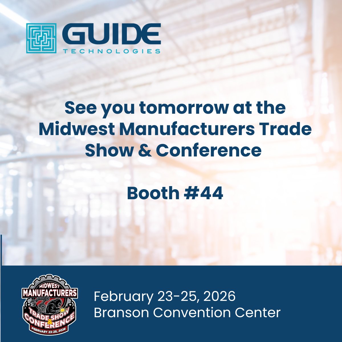 GuideTechSvc's tweet image. Frank Palubiak and Josh Wolter are gearing up for Day 1 of the Midwest Manufacturers Trade Show &amp;amp; Conference.

Swing by Booth #44 to see how #GuideTechnologies can simplify workflows, boost efficiency, and help you tap into the latest manufacturing technologies.

#ERP