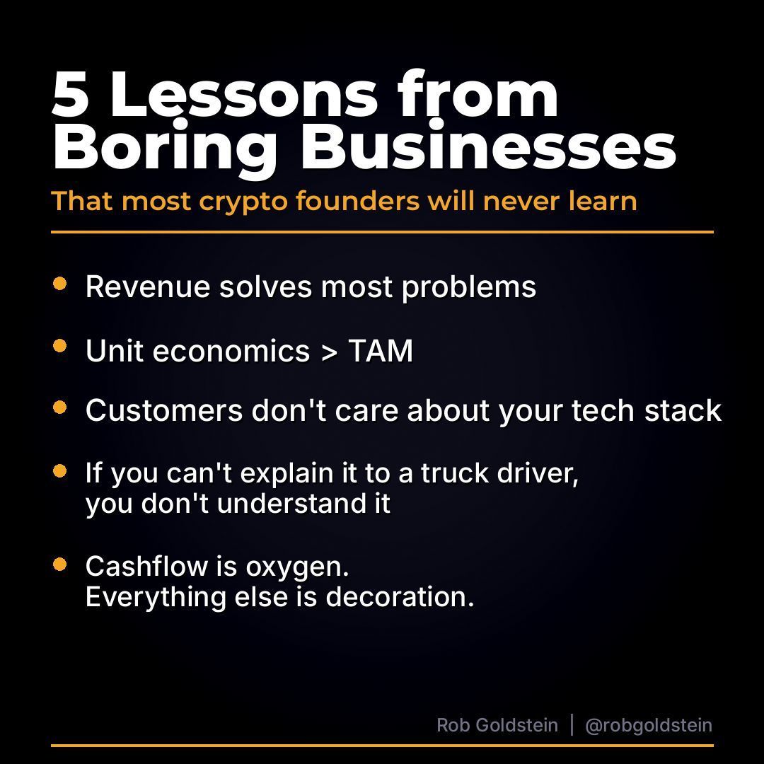 I've co-founded an Inc. 5000 company, run trucking operations, and now lead strategy at a crypto startup.

The lessons are the same everywhere:
- Revenue solves most problems
- Unit economics matter more than total addressable market
- Customers don't care about your tech stack
-