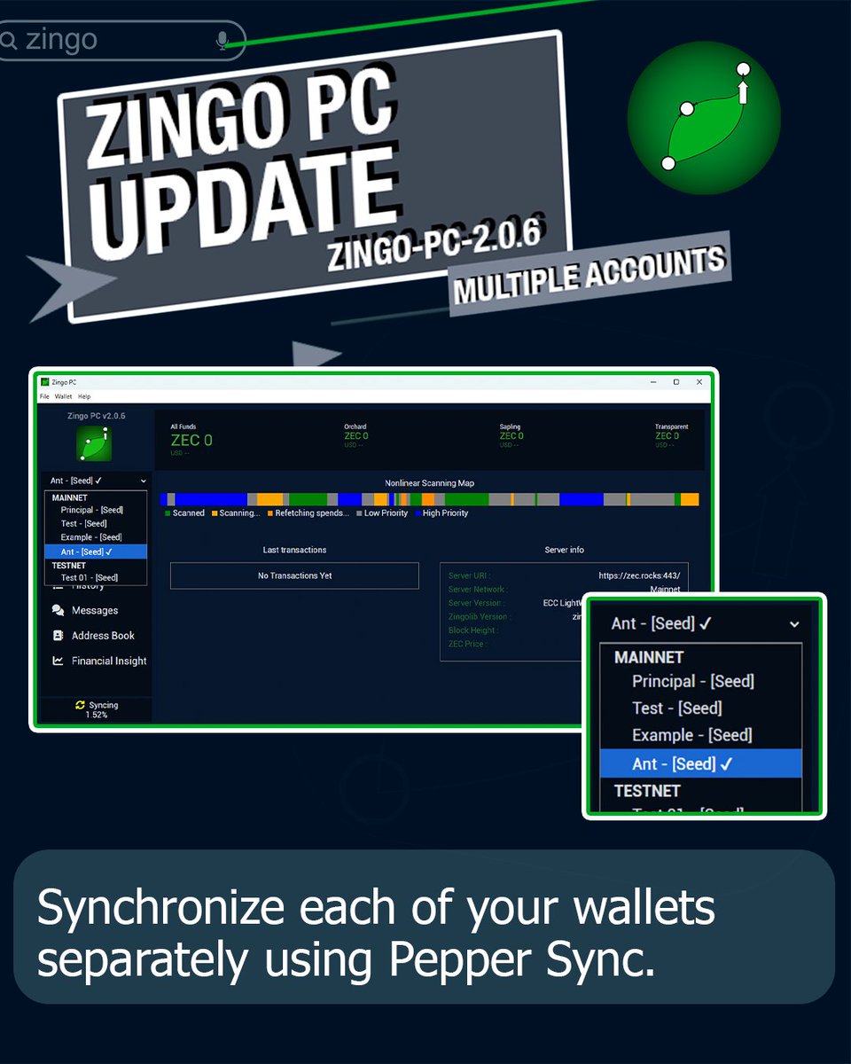 ZingoLabs's tweet photo. With the new #ZingoPC update, each wallet can be synchronized independently thanks to Pepper Sync.

This means:

✅ Greater control.

✅ Better resource management.

✅ A smoother experience.

The update includes support for:

- ZingoLib v2.1.2

- Pepper Sync v0.1.0

https://t.co/D6dEvzV7nZ