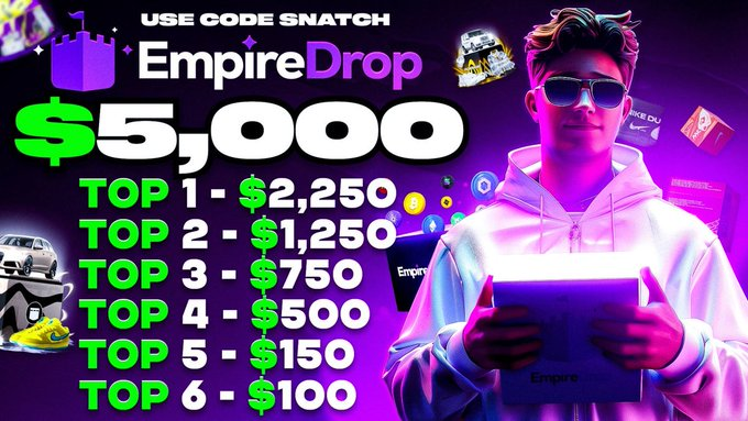 TheSnatch7's tweet image. 👉$5,000 EmpireDrop WAGER LEADERBOARD👈

🎁RT+Tag 1 for $50

🏆Prizes
🥇- $2,250
🥈- $1,250
🥉- $750
4️⃣ - $500
5️⃣ - $150
6️⃣ - $100

🎆Make sure to use code "SNATCH"🎆
🎉empiredrop.com/?r=snatch🎉
🕐ENDS IN 2 WEEKS!

Track your stats:👉snatchers.gg/leaderboard/em…