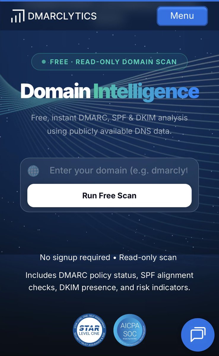 DMARClytics's tweet photo. Can your domain be spoofed right now?

If your DMARC policy is still p=none, the answer might be yes.

We built a free checker that gives:

• Full DMARC/SPF breakdown
• Misconfiguration warnings
• Clear next steps
• Downloadable PDF

Takes 5 seconds
https://t.co/knuMkJe5fl https://t.co/QAGG48lS6l